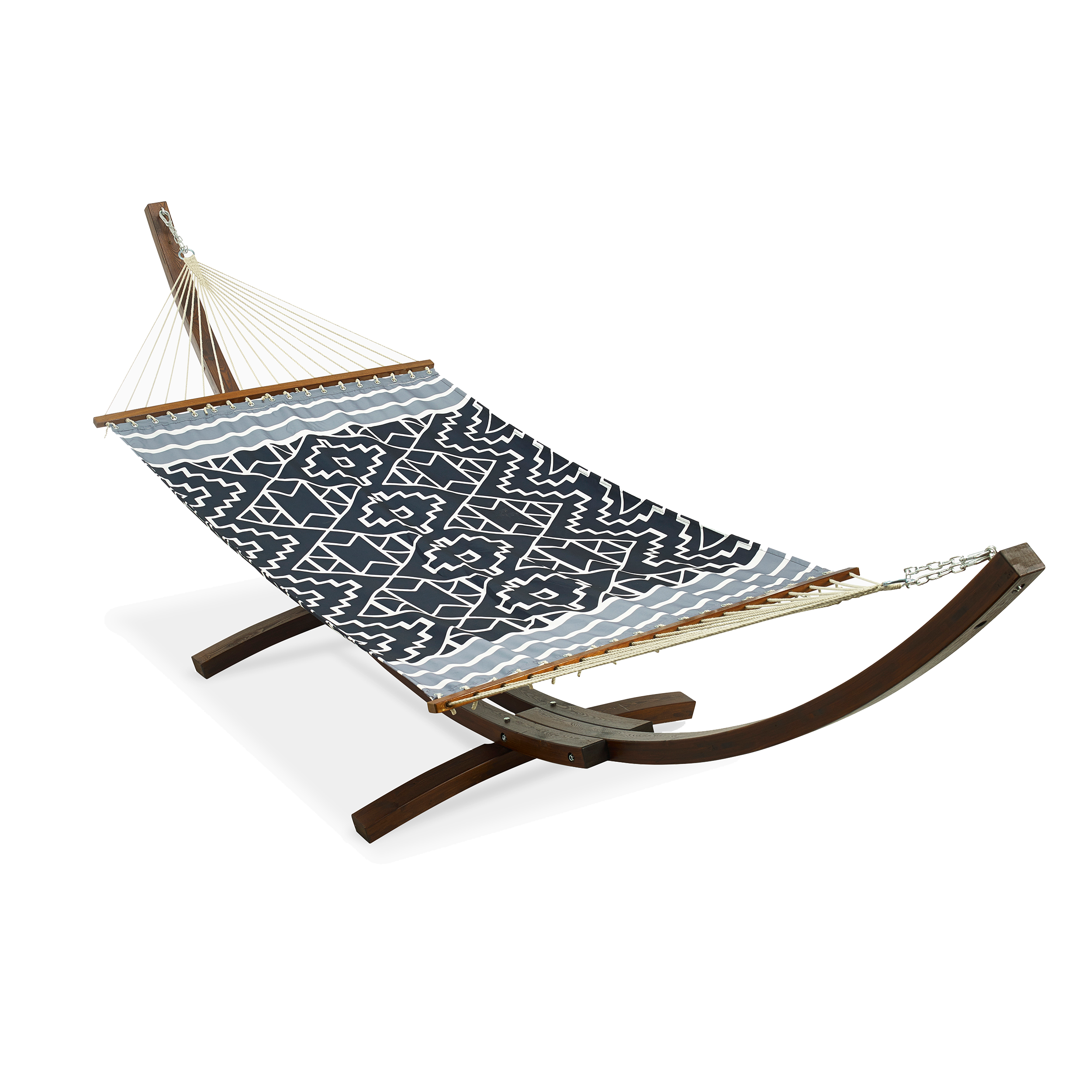 Full view of black geometric print hammock hung on a curved wooden stand